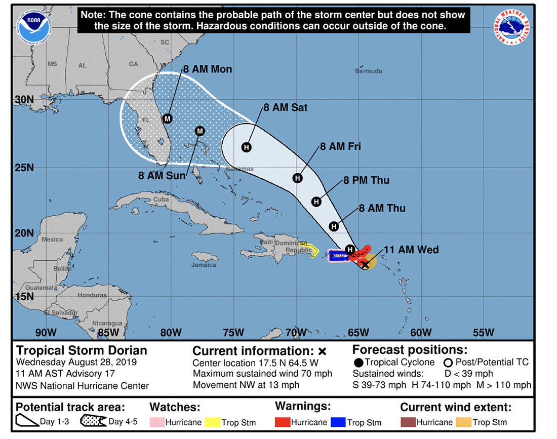 Tropical storm Dorian is expected to reach Florida as a major hurricane on Labor Day. Courtesy of the National Hurricane Center