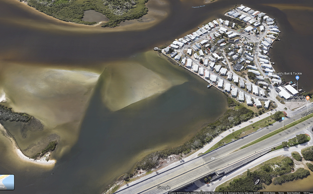 The Intracoastal Oasis Marina would be a 102-slip facility between Seabird Island and the bird rookery adjacent to the Port Orange Causeway. Image courtesy of Google Maps