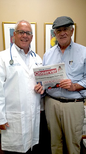 Publisher John Walsh, left, dons the white coat and stethoscope of heart surgeon Dr. John Walsh, right. Courtesy photo