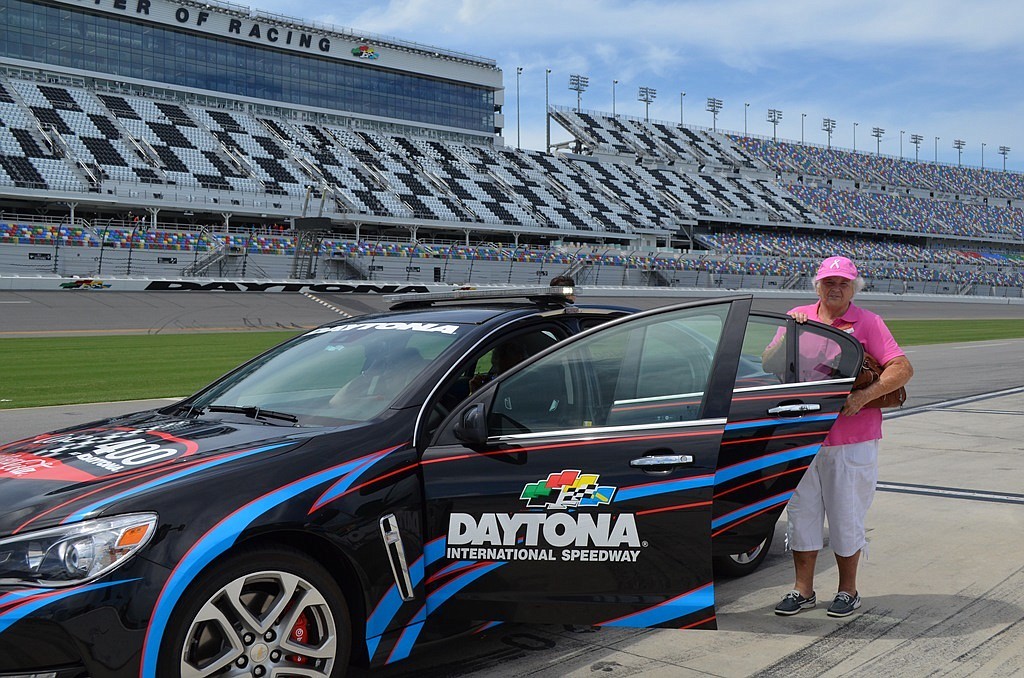 Palm Coast resident and 11-year breast cancer survivor Dee Stevens is all smiles before she goes for a ride around the Daytona International Speedway's track in a pace car. Courtesy photos