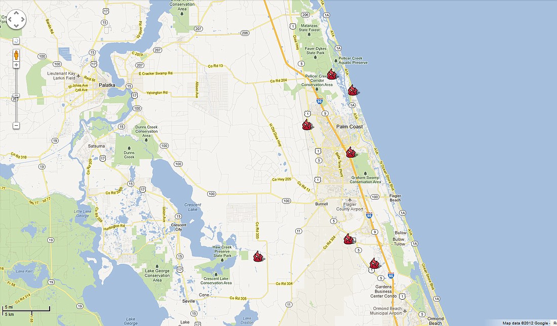 The icons on the map indicate location of fires currently being monitored or mopped up.