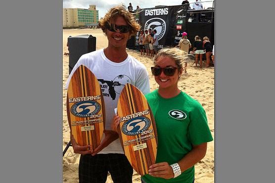 Eric Worley (left) and Haley Watson both won their respective divisions at the ESA Eastern Surfing Championships this week, in North Carolina.