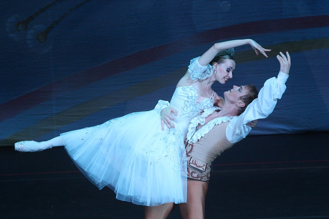 Svetlana Noskova and Denis Kaganer dance the roles of Cinderella and The Prince Thursday, Jan. 10, during The State Ballet Theatre of RussiaÃ¢â‚¬â„¢s performance of Sergey ProkofievÃ¢â‚¬â„¢s Ã¢â‚¬Å“Cinderella,Ã¢â‚¬Â at the Flagler Auditorium.