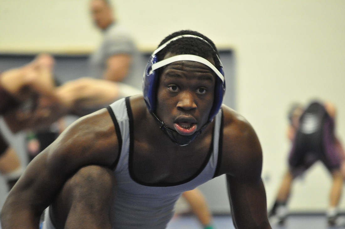 Marquese Jones competes in the second round Saturday afternoon of the Flagler Rotary Invitational wrestling tournament, at Flagler Palm Coast.