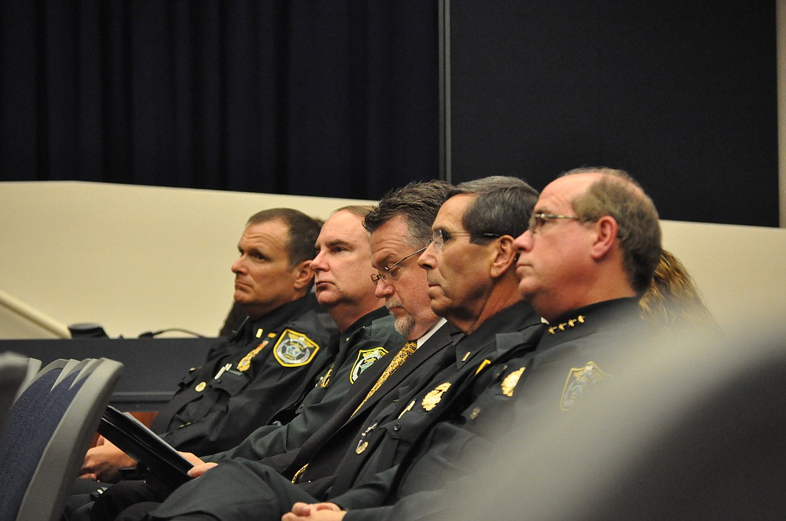 From right: Sheriff Jim Manfre, Public Information Officer Lt. Bob Weber, Cmdr. Jack Bisland, Undersheriff Rick Staly and Lt. Steve Cole. ANDREW O'BRIEN
