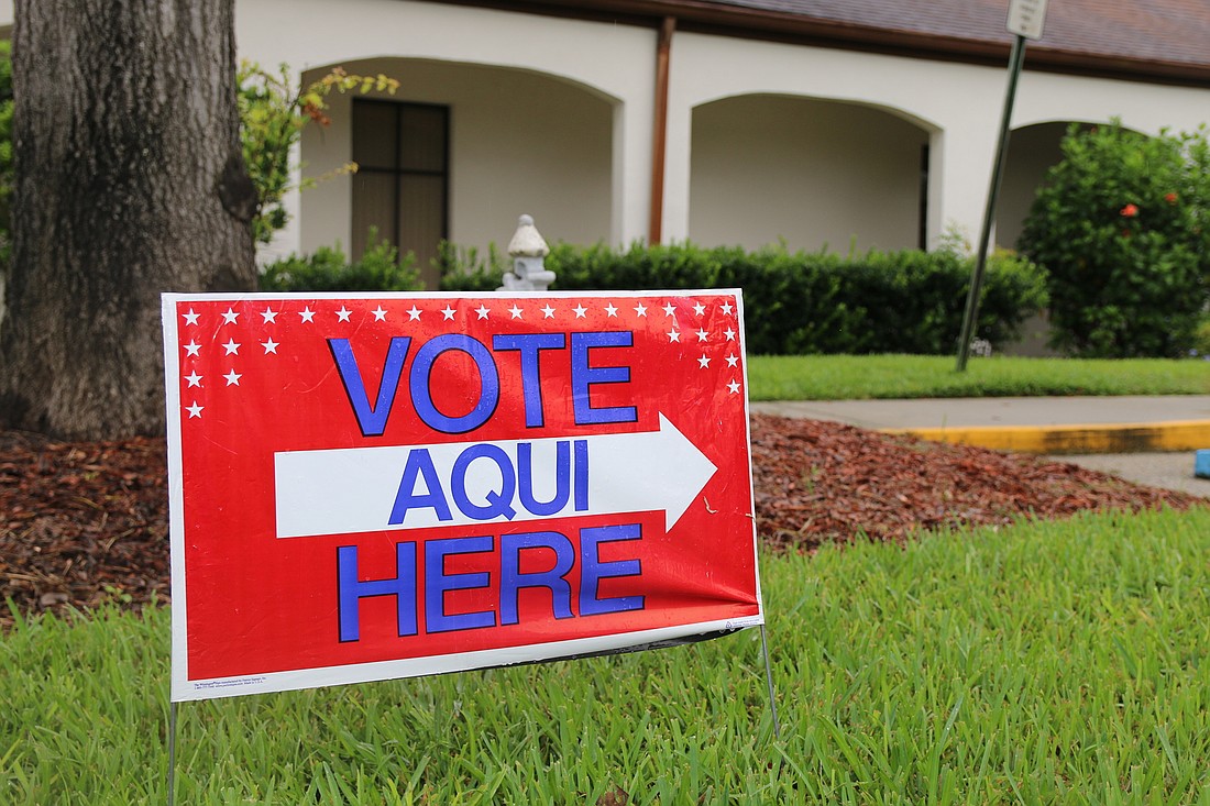A voting sign outside the polling station at Tomoka United Methodist Church. Photo by Jarleene Almenas