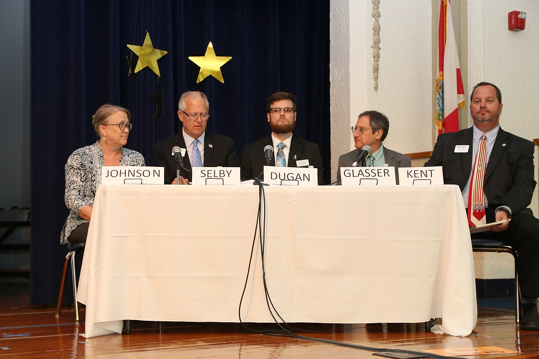 City Commission Zone 1 candidates Kathy Maloney Johnson, Dwight Selby and Zone 2 candidates Joe Duga, David Glasser and Troy Kent at CFOB's candidate forum on Wednesday, Oct. 10. Photo by Jarleene Almenas