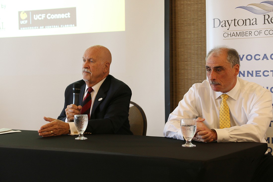 Volusia County Council Chair Ed Kelley and Volusia County Sheriff Mike Chitwood speak at the Eggs and Issues program on Thursday, Oct. 11. Photo by Jarleene Almenas