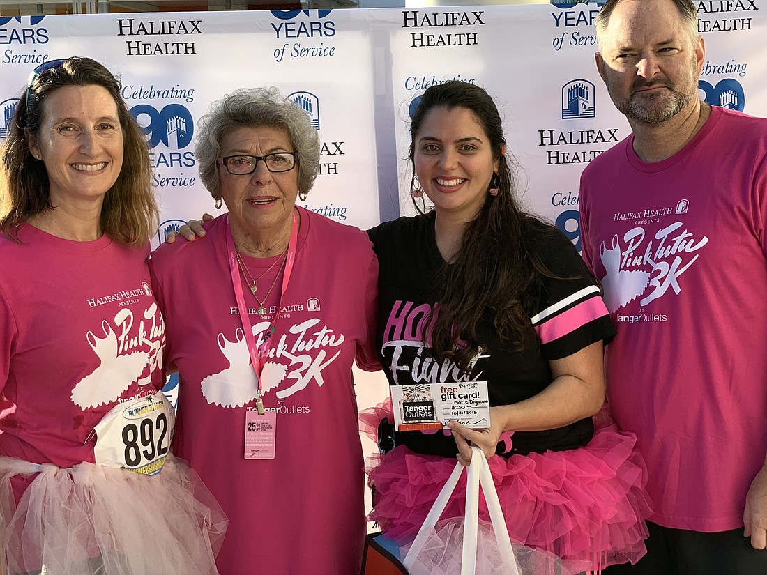 Shown at the Pink Tutu 3K are Jessica Scheer, Survivor Award recipient; Marie Digiacamo, a three-year breast cancer survivor; Sarah Rasheid; and John Guthrie. Courtesy photo