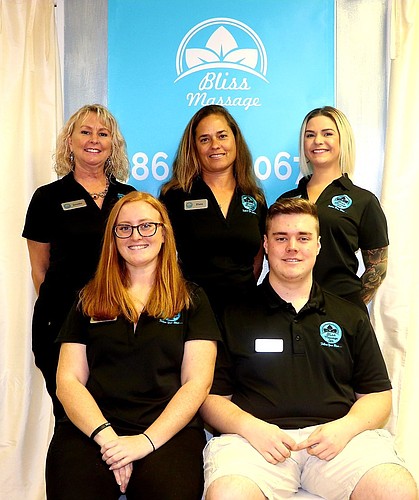 Bliss Massage Spa employees. Top: Jennifer King, owner and licensed massage therapist; Elana Carroll, licensed massage therapist; and Dorothy Myers, licensed esthetician. Bottom: Samantha Willoughby and Rocco King, guest relations. Courtesy photo