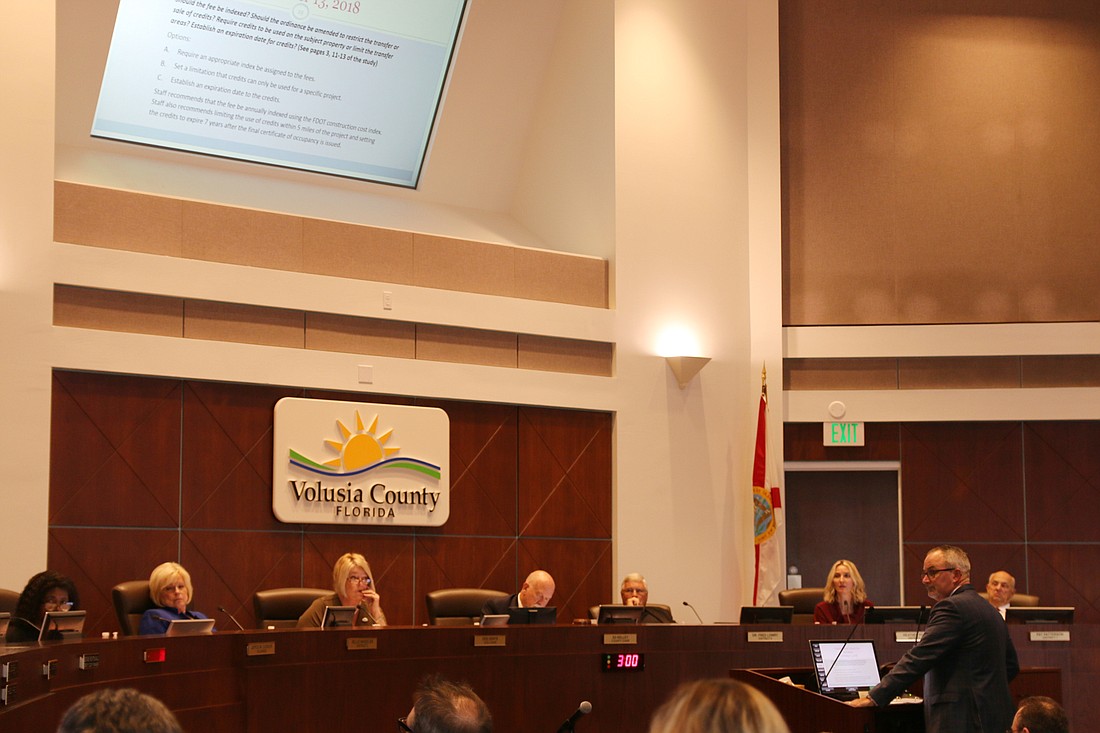 Clay Ervin, director of Growth and Resource Management, speaks before the Volusia County Council on impact fees at the meeting on Tuesday, Nov. 13. Photo by Jarleene Almenas