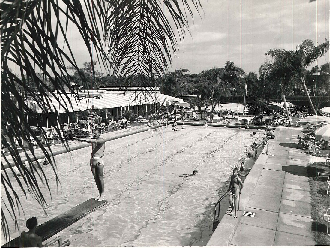 A photograph from the late 1950s showing Ellinor Village's former olympic-sized pool. This was used in a promotional brochure for the country club. Photo courtesy of Oceanside Country Club