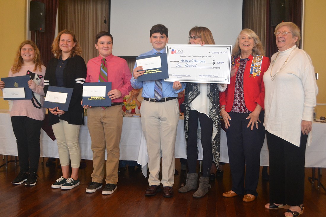 Students Calista Ream, Rylee Diehl, Noah Burrows and Anderson Burrows, with DAR's Karen Knowles, Dee Clark and Susan Darden. Courtesy photo