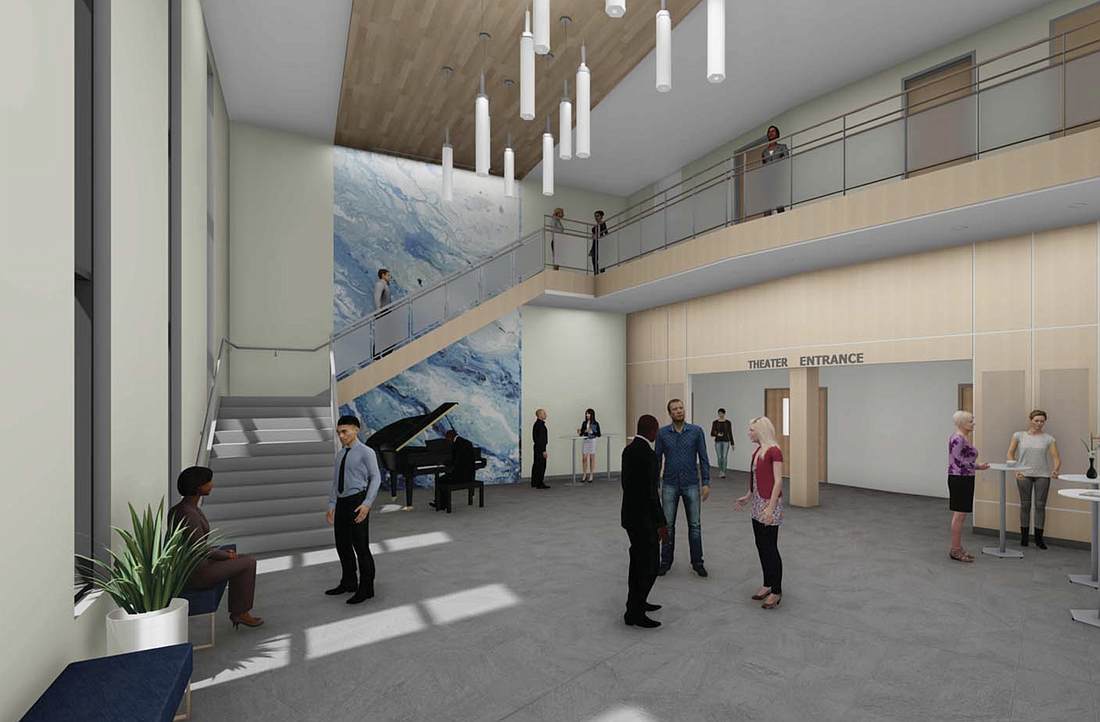 A rendering showing what the Performing Arts Center lobby could look like after the renovation. Rendering by RLF Architecture Engineering Interiors