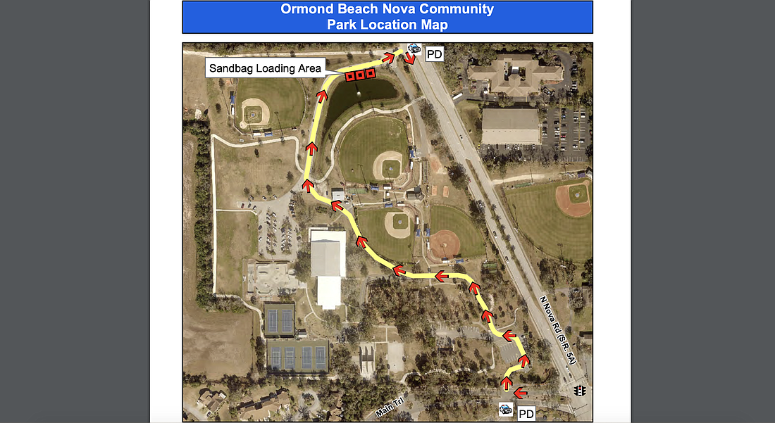A map showing how to access sandbags at Nova Community Center. Courtesy of the city of Ormond Beach