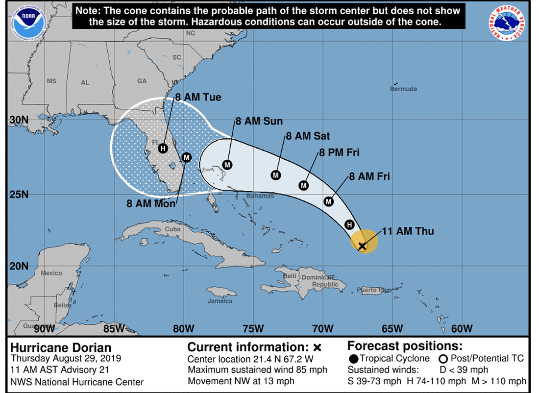 Hurricane Dorian is expected to make landfall as a major hurricane in the East Florida coast. Courtesy of the National Hurricane Center
