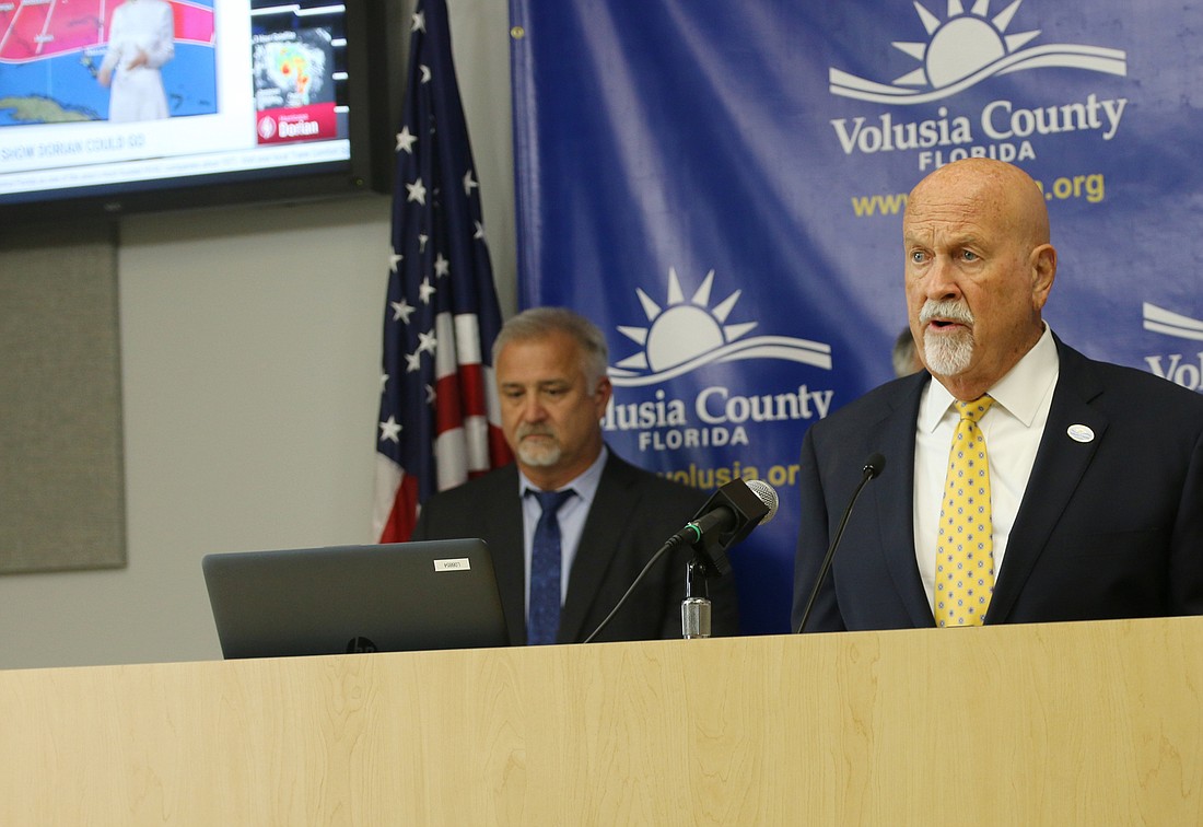 Volusia County Council Chair Ed Kelley speaks during the first press conference on Hurricane Dorian on Thursday, Aug. 29. Photo by Jarleene Almenas
