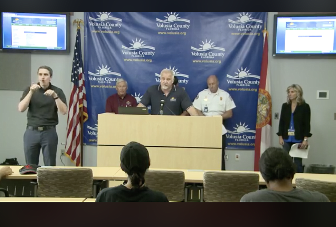 County ManagerÂ George Recktenwald speaks during a news conference broadcast through Facebook Live on Tuesday, Sept. 3.
