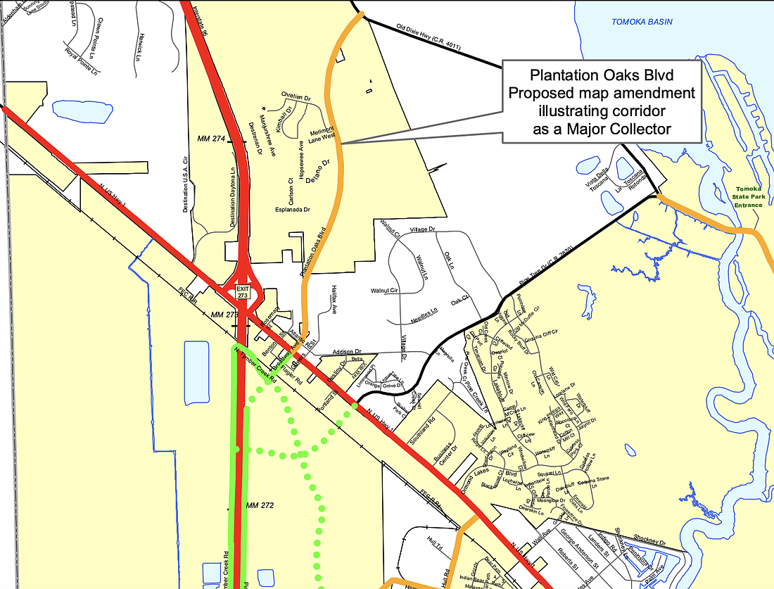 A long-range traffic circulation map. The red highlights a principal arterial road (U.S. 1 and I-95); orange signals a major collector road. Courtesy of the city of Ormond Beach