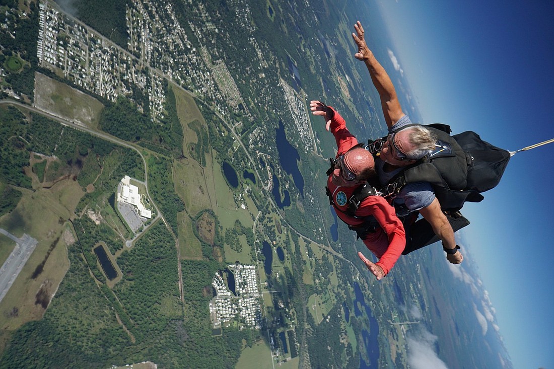 Frank Delzingaro tandem jumps with a Skydive DeLand instructor on his 85th birthday on Oct. 20. Photo courtesy of Skydive DeLand