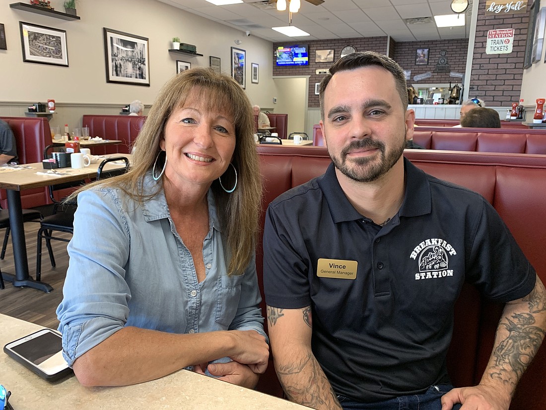 Erin Carpenter, of Flagler Beach, is co-owner of the Breakfast Station. Vince Karalunas, of Palm Coast, is general manager. He formerly worked for the Funky Pelican and several other restaurants. Photo by Brian McMillan