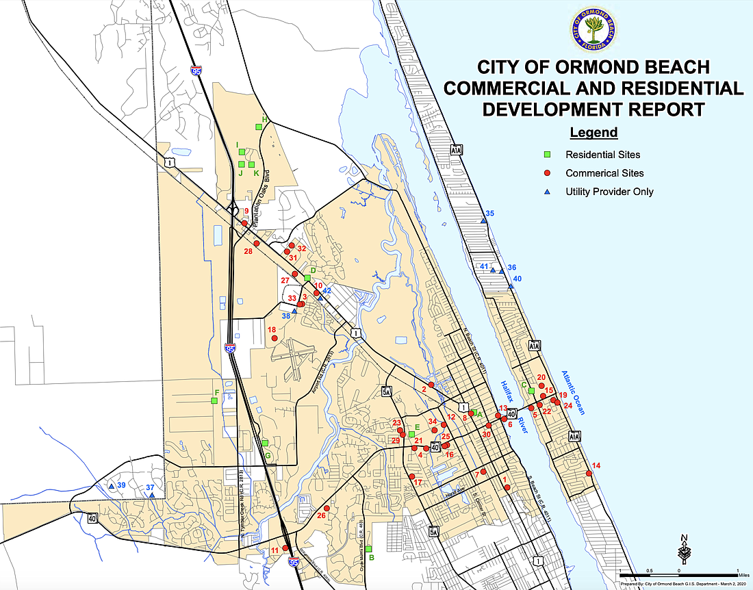 A portion of the city's development report map for March. The red dots mark a commercial development, and green squares mark a residential project. Courtesy of the city of Ormond Beach