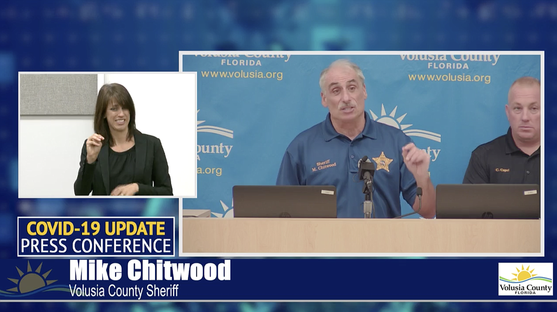 Volusia County Sheriff Mike Chitwood and Daytona Beach Police Chief Craig Capri. Screenshot of livestream courtesy of Volusia County