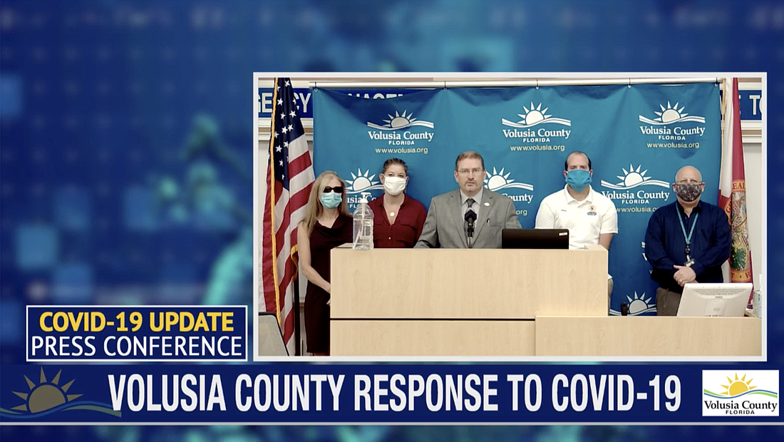Volusia County staff wear masks during the COVID-19 briefing on Friday, June 26. Screenshot of the Volusia County Emergency Management livestream