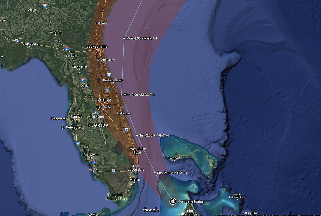 Coastal Volusia County is under a hurricane warning and a storm surge watch. Image courtesy of Google Maps