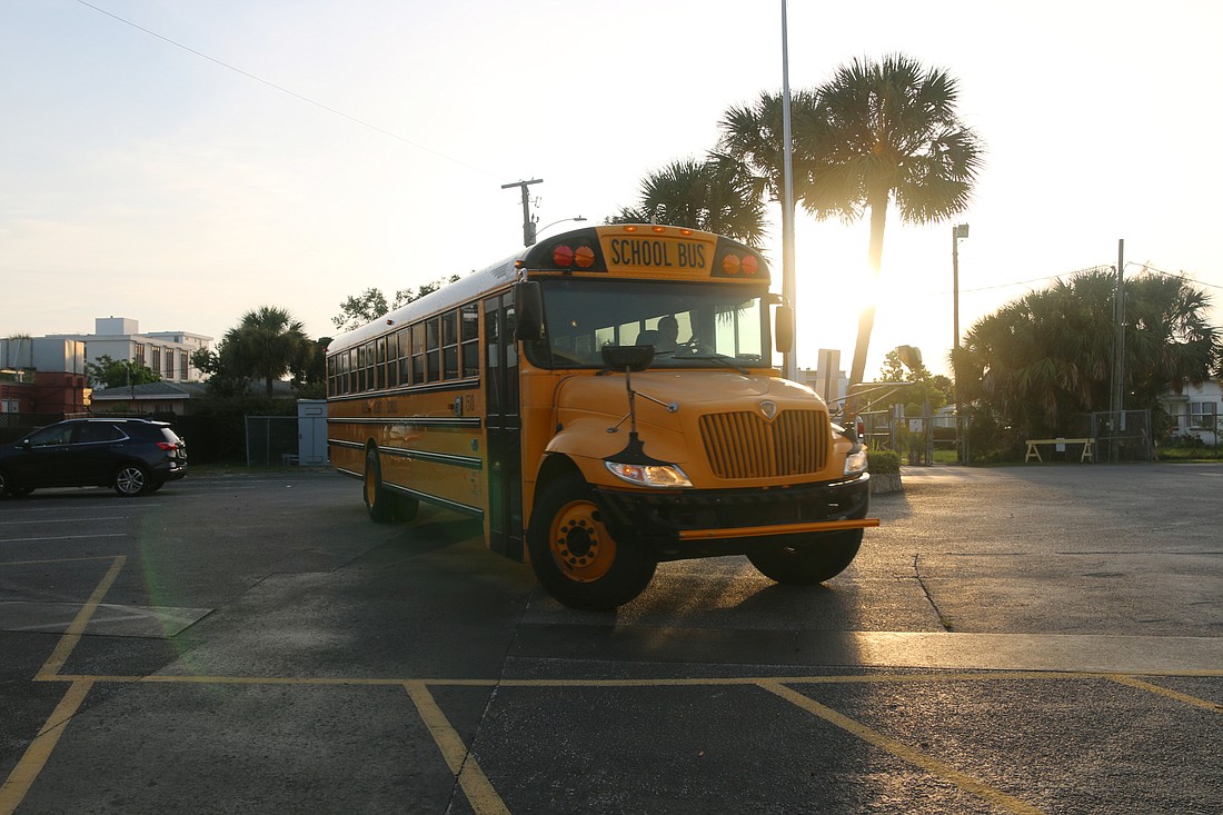 A Volusia County school bus enters Osceola Elementary during the first day of school in 2019. File photo