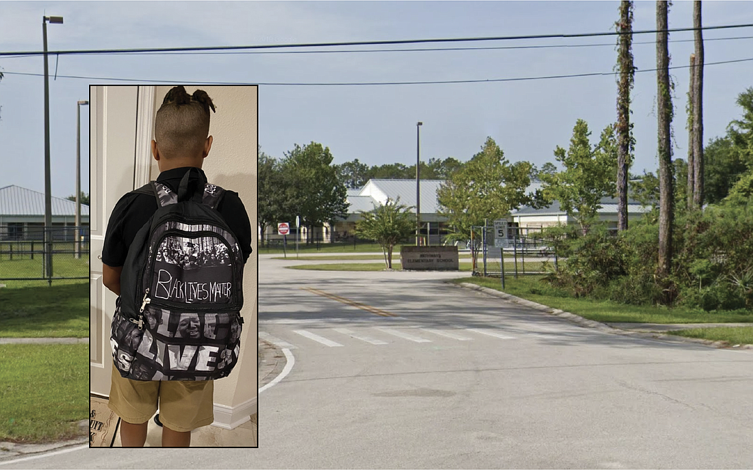 Trayce, 10, was questioned by a PE teacher at Pathways Elementary over his backpack, which reads "Black Lives Matter." Photo courtesy of Lisa Nolan; background photo courtesy of Google Maps