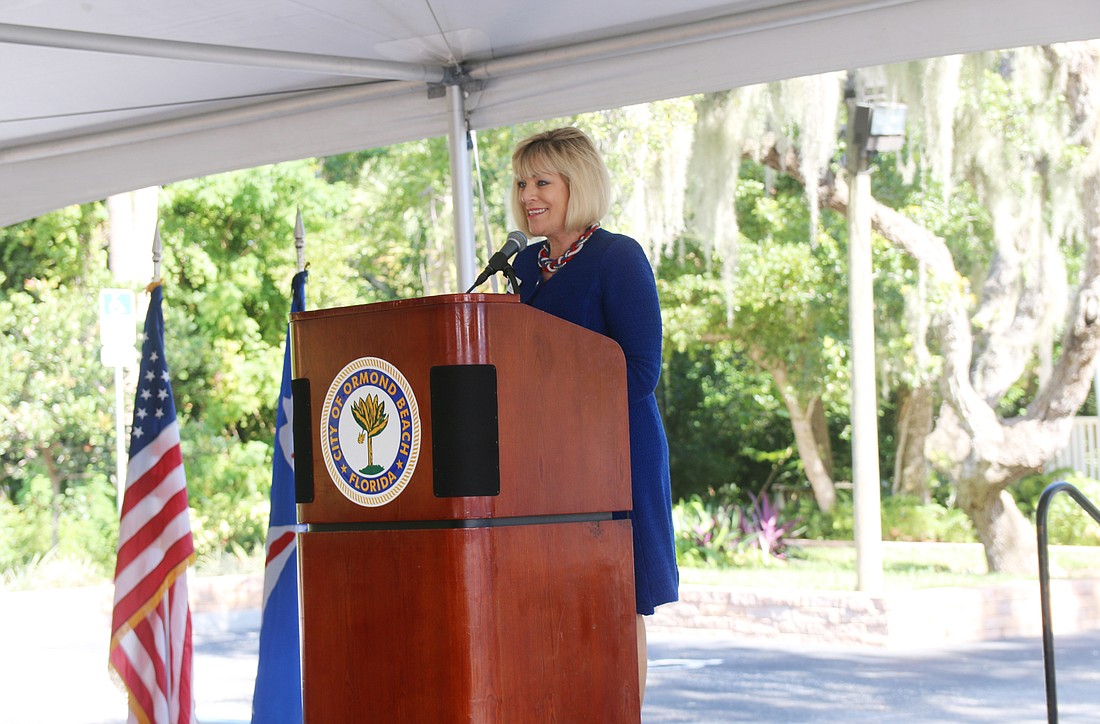 Nancy Lohman speaks during the 2019 OMAM Veterans Day tribute. File photo