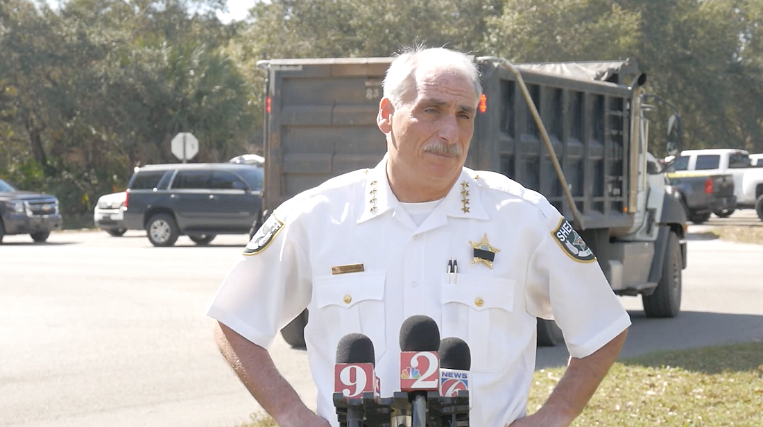 Volusia County Sheriff Mike Chitwood speaks during a press briefing outside of the county's fleet maintenance facility. Screenshot courtesy of Volusia County Sheriff's Office