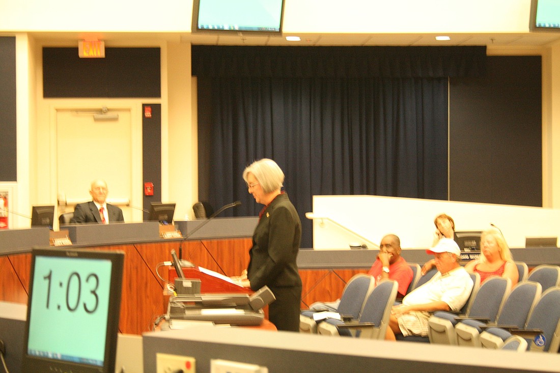 Rev. Beth Gardner, of First United Methodist Church, asks the Bunnell City Commission to help the Sheltering Tree.