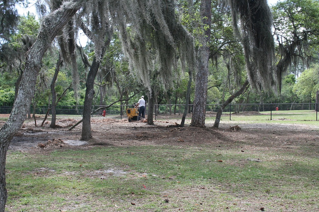 A worker finishes maintenance efforts in Wadsworth Park Thursday.