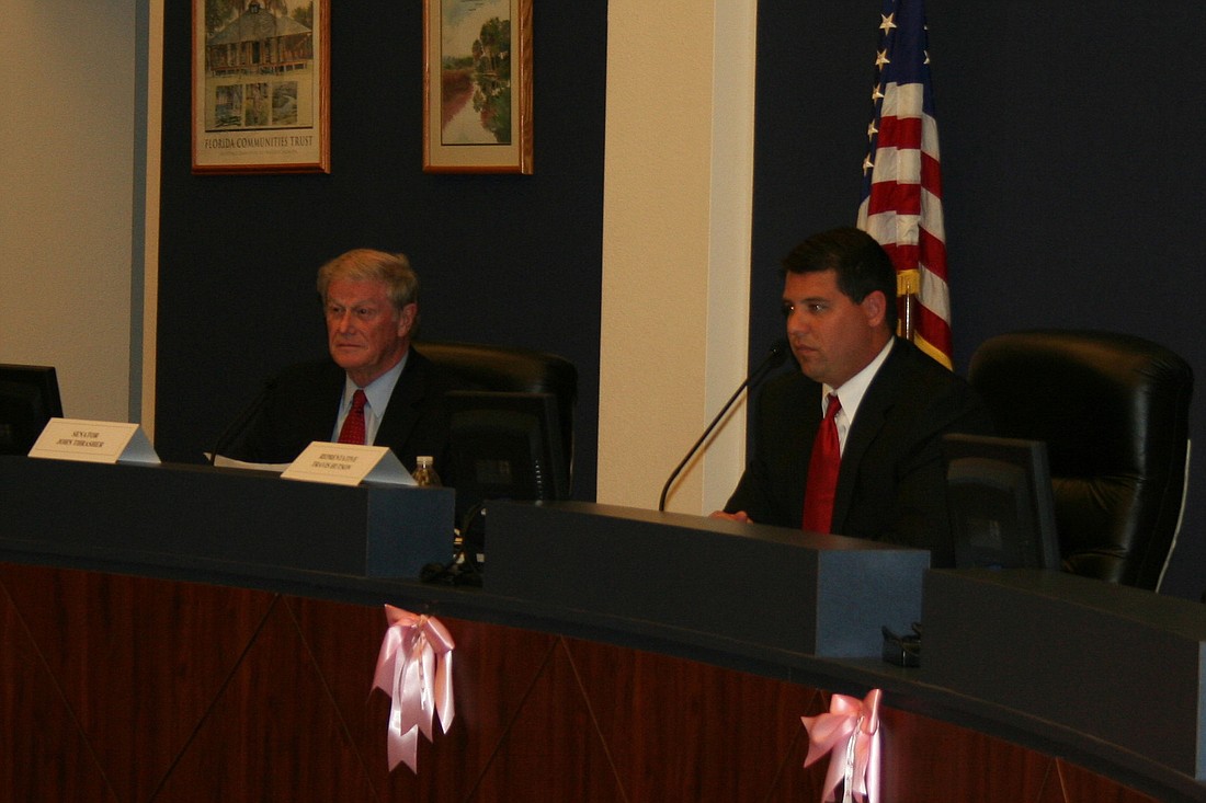 Sen. John Thrasher and Rep. Travis Hutson speak at a legislative delegation meeting Wednesday, Oct 16, at the Flagler County Commission chamber. (Photo by Jonathan Simmons).