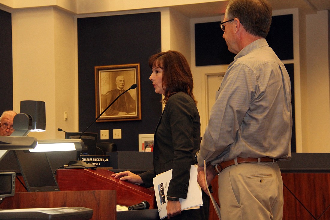 County Librarian Holly Albanese and Flagler County Library board of trustees chairman Jim Ulsamer address the Flagler County Board of County Commissioners Monday, Nov. 18. (Photo by Shanna Fortier.)