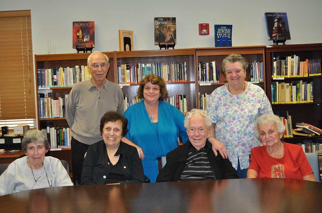 JFCS CEO Rose Chapman with the agency's Senior Outreach Service group. Back row: Charles Kaye, Rose Chapman and Elaine Mattera. Front row: Enid Ellman, Saundra Singer, Bernard Rothschild and Nell Coonrod.