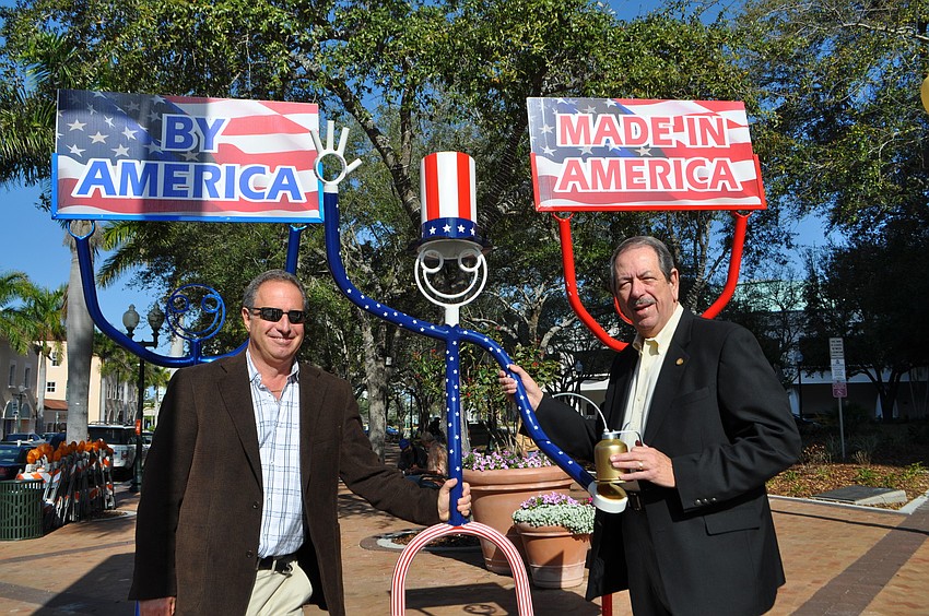 Howard Alan, Sarasota Arts Festival producer, and Florida State Representative, Ray Pilon, with Treasury Dude, center.