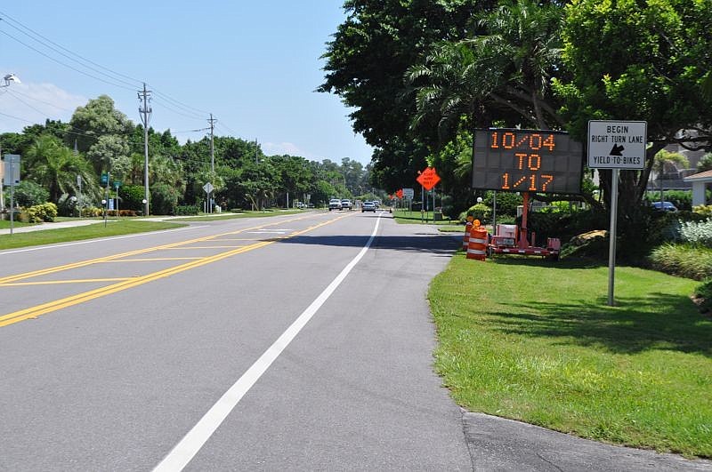 Permanent striping will be applied to the Sarasota County portion of Gulf of Mexico Drive next week.