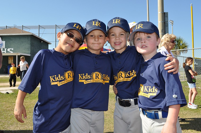 Five-year-olds TJ Smith, Cameron Pruitt and Clayton Dees and 4-year-old Matthew Joseph are playing coach pitch this year.