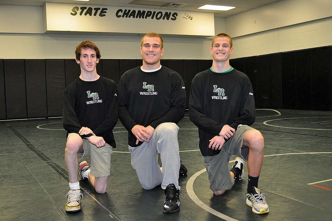 Lakewood Ranch High wrestlers Evan Dipsiner and Kyle and Blake Riley-Hawkins competed at the Class 2A state finals Feb. 18-19.