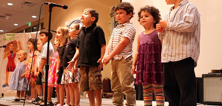 The Gan "Dvorim" and "Parparim" groups singing Aleph Bet and Rum Sum Sum on Feb. 26 at Temple Sinai's 2nd Annual "Temple's Got Talent" show.