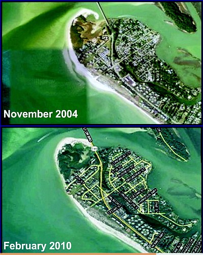 What a difference six years makes. The photo at bottom denotes the area on the northwest edge of Longboat Key that we have dubbed "The Danger Zone," the hottest of the Key's hot spots for beach erosion.