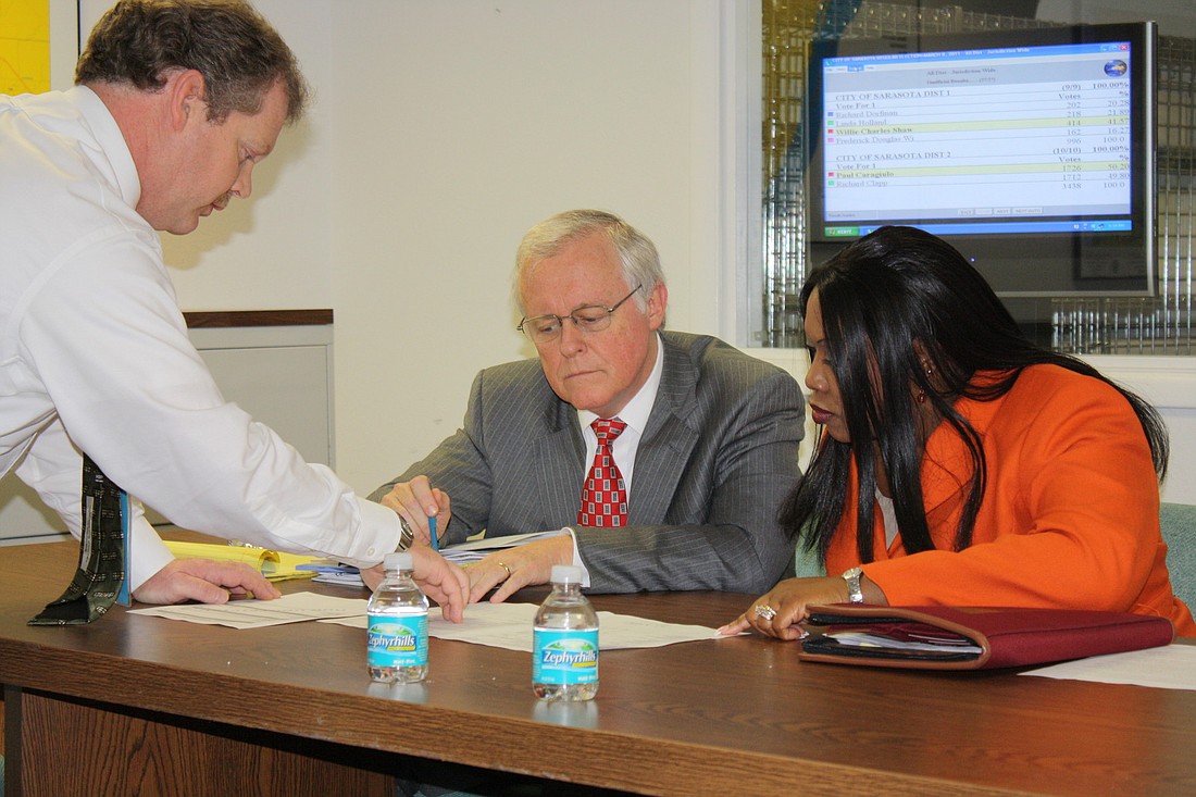 The canvassing board, City Attorney Robert Fournier, center, and City Auditor and Clerk Pamela Nadelini examine vote totals with an elections worker.