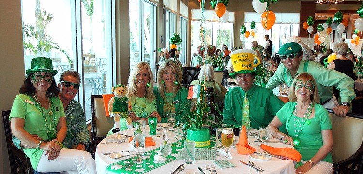 Sandra and George Ceshker, Patty Ayres, Betty and Harry Pawlowitz, and Mike and Sandy McAdaragh were one of the more festive tables on Thursday, March 17, during Sarasota Yacht Club's St. Patrick's Day dinner.