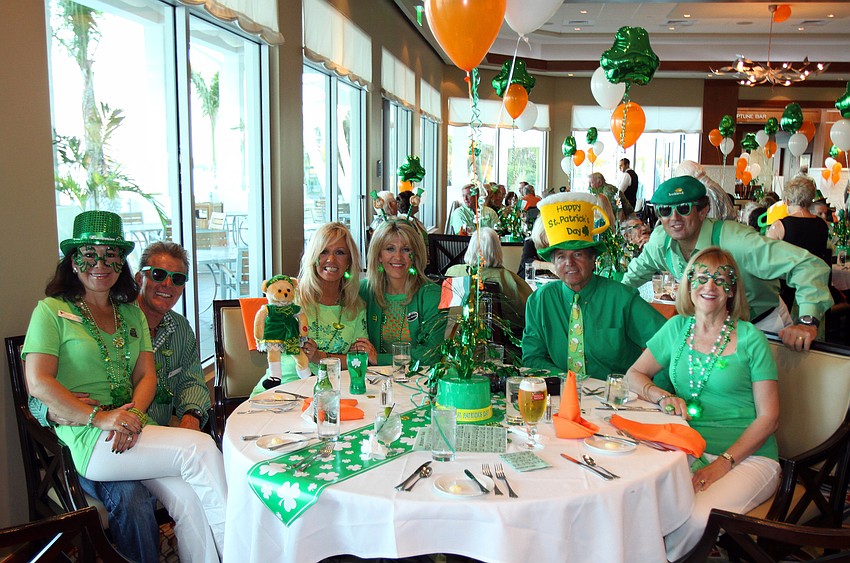 Sandra and George Ceshker, Patty Ayres, Betty and Harry Pawlowitz, and Mike and Sandy McAdaragh were one of the more festive tables on Thursday, March 17, during Sarasota Yacht Club's St. Patrick's Day dinner.