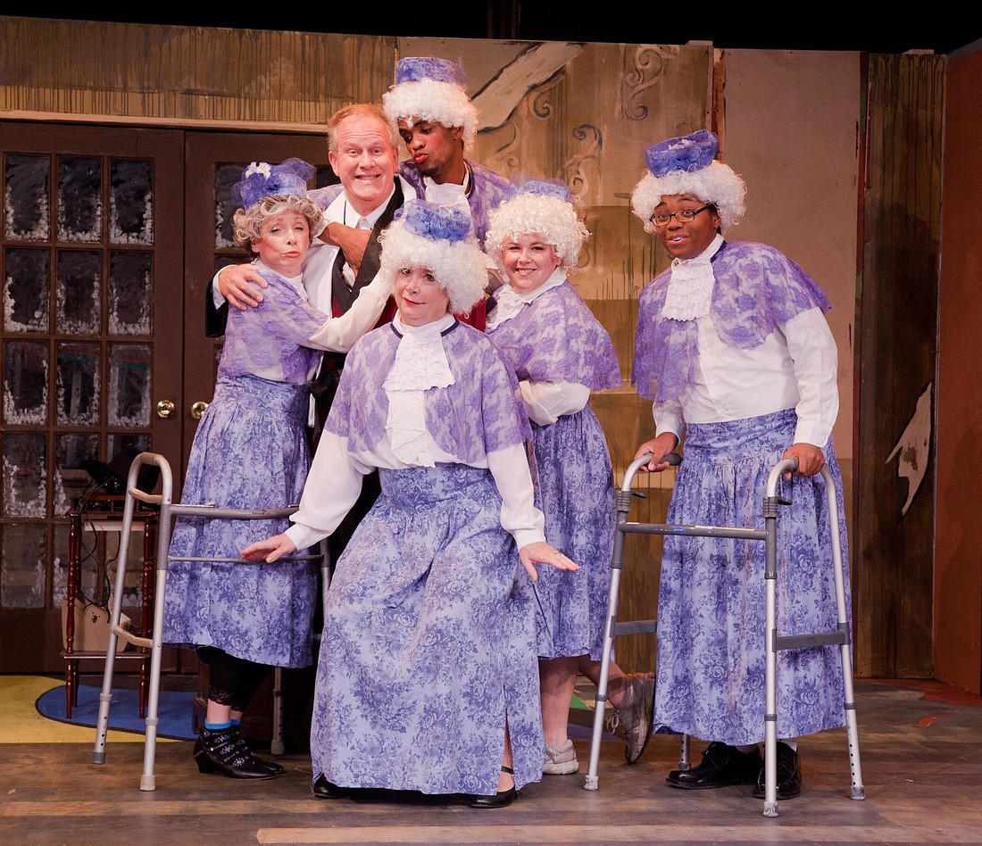 Cast members of The Producers‚: Monica McNulty, Bob Pritchard, Andre Magbin Jr., Maggie Wray, Mario Ridgley Jr.; and front, Eleanore Coyne COURTESY PHOTO BY BOB CARLSEN
