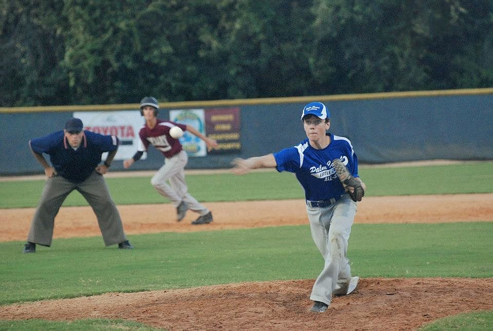 Palm Coast Senior All-Stars pitcher Eddie King delivers a pitch Thursday night against DeBary. Palm Coast lost, 10-0. COURTESY PHOTO