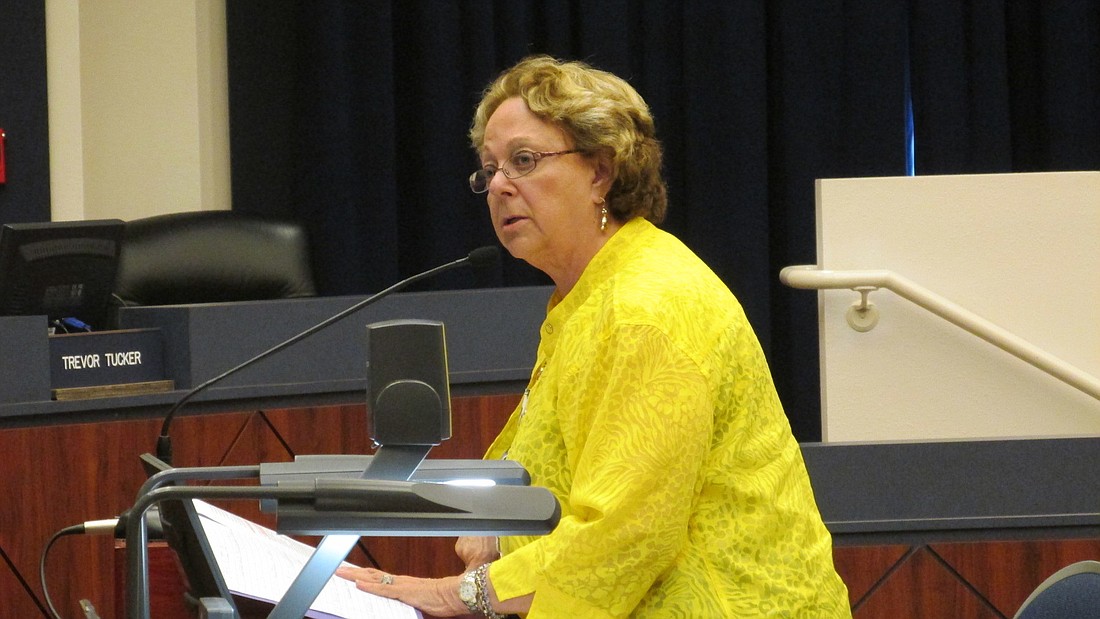 Winnie Oden, the principal of Everest Alternative School, presents the new budget for the district's alternative programs to the Flagler County School Board. Photo by Megan Hoye.